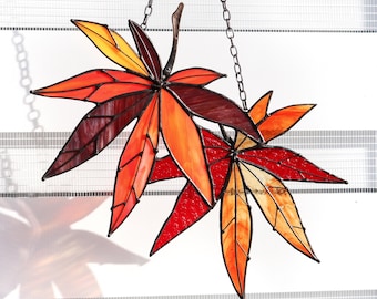 Suncatcher Japanese Maple Red Leaves Stained glass window decor Hanging home decor Gift for gardener Glass wall art Window panel leaves