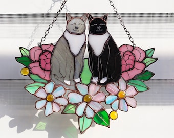 Suncatcher Two Cats in Flowers Stained Glass Window Hangins Glass Wall Decor Cat Art gift Custom Cat Gift idea for cat lover Handmade gift