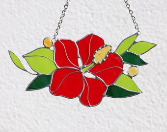 Hibiscus Red Flower Stained Glass Suncatcher Spring Gift House Home Decor Window Hangings Glass wall art Mothers Day gift