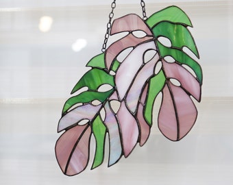 Monstera Leaves Suncatcher Stained glass window decor Hanging home decor Gift for gardener Glass wall art Window panel