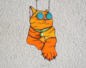 Suncatcher Orange Cat in round glasses Stained Hanging decor Cat Art Gifts Window panel Glass wall art Cat lover Window decor