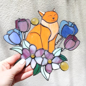 Suncatcher Orange Cat in Tulip Flowers Stained Glass Window Hangins Glass Wall Decor Cat Art gift Mother’s day gift Custom Cat image 4