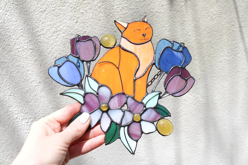 Suncatcher Orange Cat in Tulip Flowers Stained Glass Window Hangins Glass Wall Decor Cat Art gift Mother’s day gift Custom Cat image 4