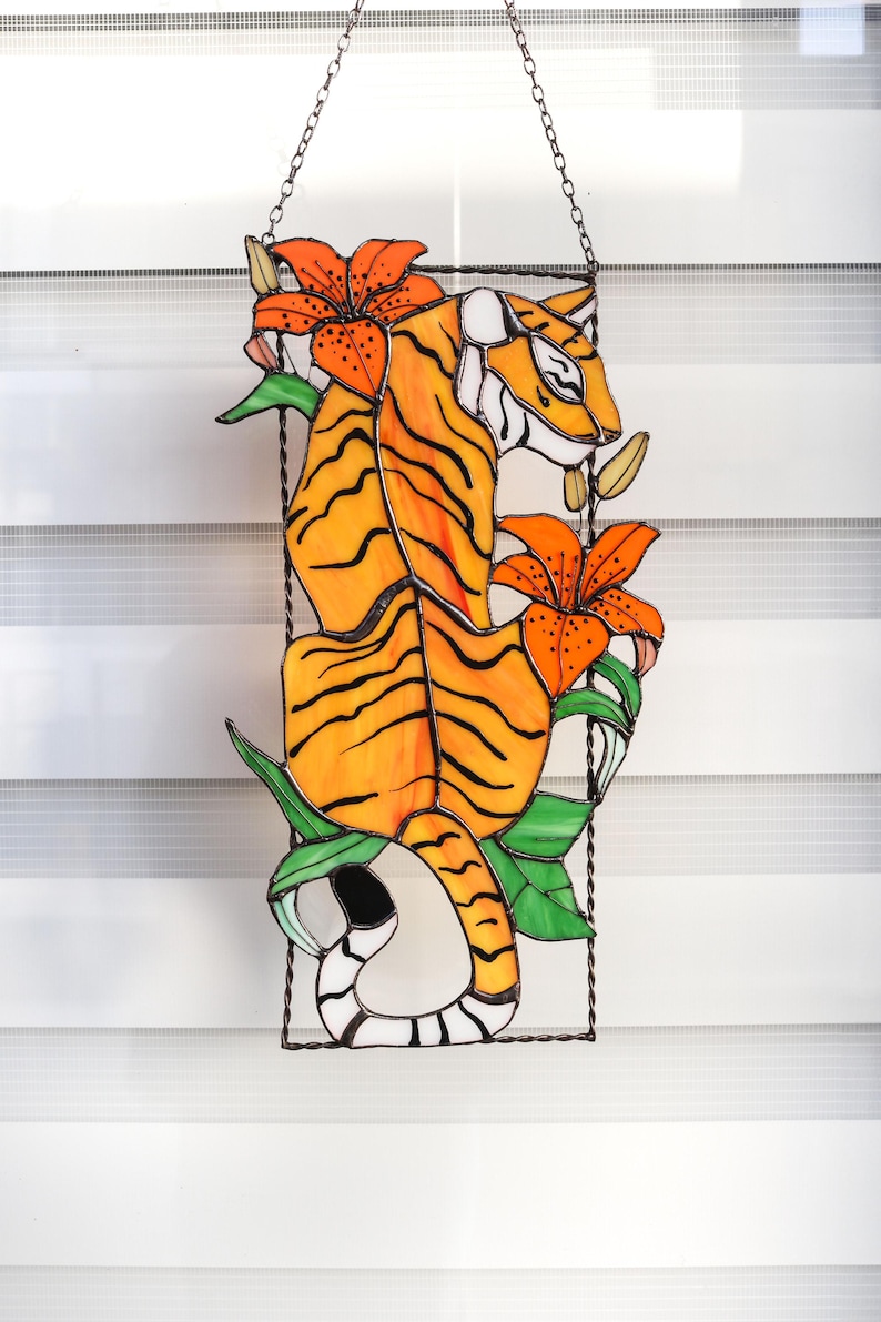 Suncatcher Tiger and Lily flowers Stained glass window panel Hanging home decor Glass wall art Gifts for friend Mother’s Gift