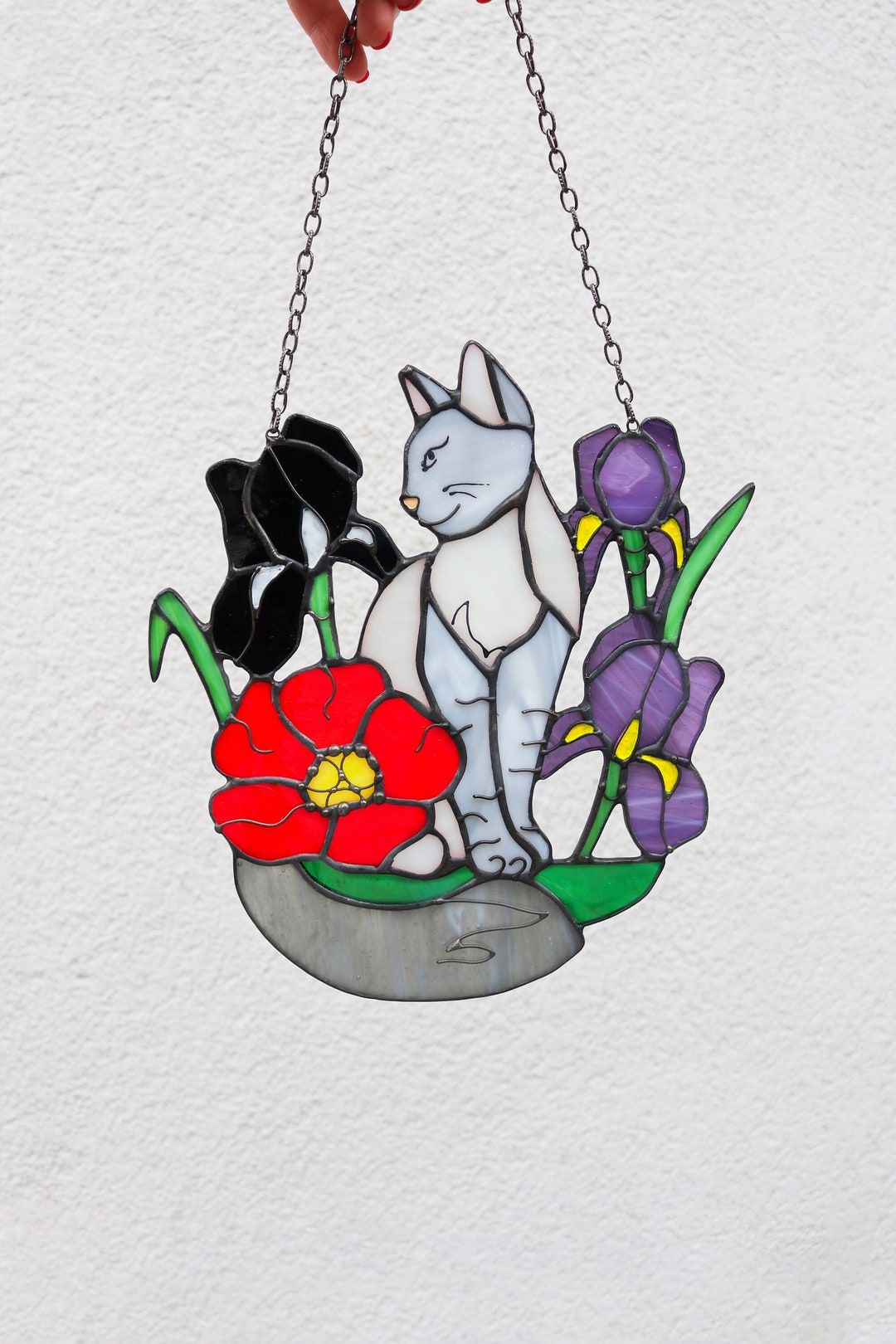 Suncatcher Cat in Irises Stained Glass Window Hangins Glass Wall Decor ...
