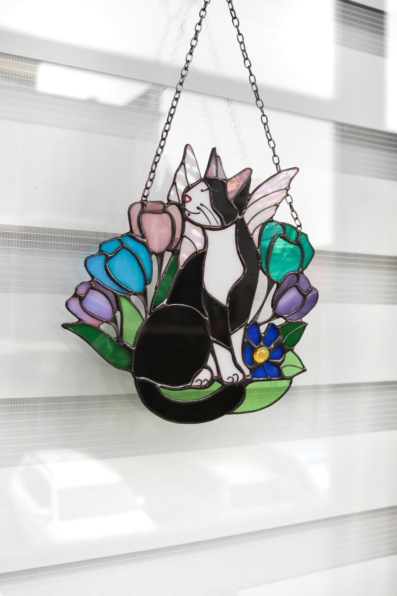 Suncatcher Cat in Flowers Stained Glass Window Hangins Glass Wall Decor ...