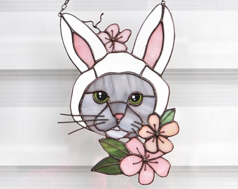 Suncatcher Cute Cat-Bunny Stained Glass Window Hangins Glass Wall Decor Cat Art Gift Custom Cat Easter home decor