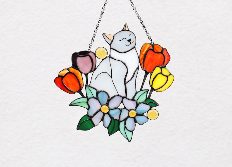 Suncatcher Cat in Tulip Flowers Stained Glass Window Hanging Decor Cat ...