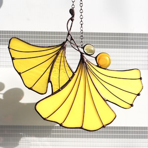 Suncatcher Ginkgo Plant Stained glass window decor Hanging home decor Gift for gardener Glass wall art Window panel leaves