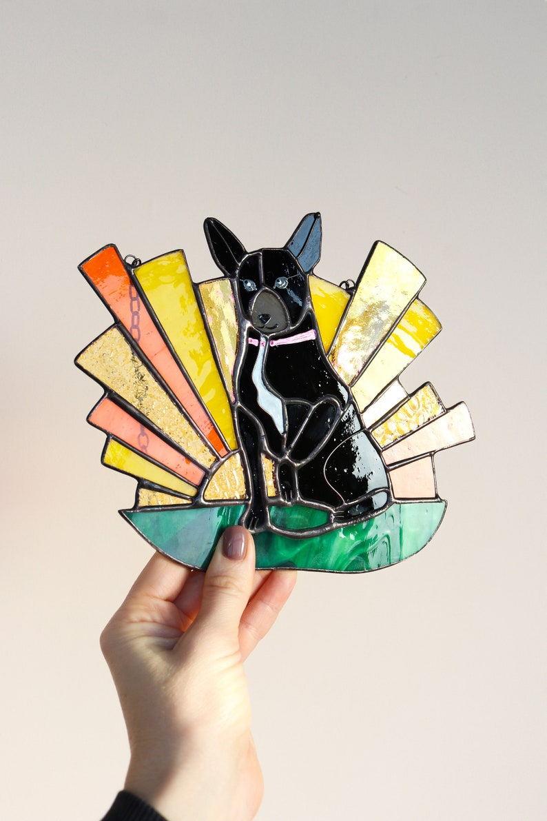 Suncatcher Dog and Sun Stained Glass decor for home Handmade gift Glass Wall Window Hangings Custom pet portrait Gift for pet lover image 5