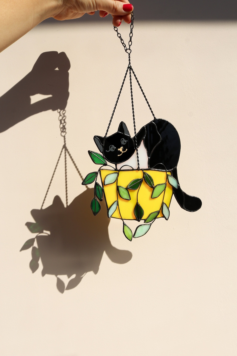 Cat in a flowerpot Suncatcher Stained Glass Window Hangins Glass Wall Decor Cat Art gift Custom Cat Gift idea for cat lover Black cat