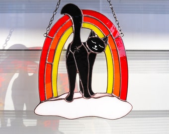 Suncatcher Cat under the rainbow Stained Glass Window Hangins Glass Wall Decor Cat Art gift Gift idea for cat lover Funny decor for home