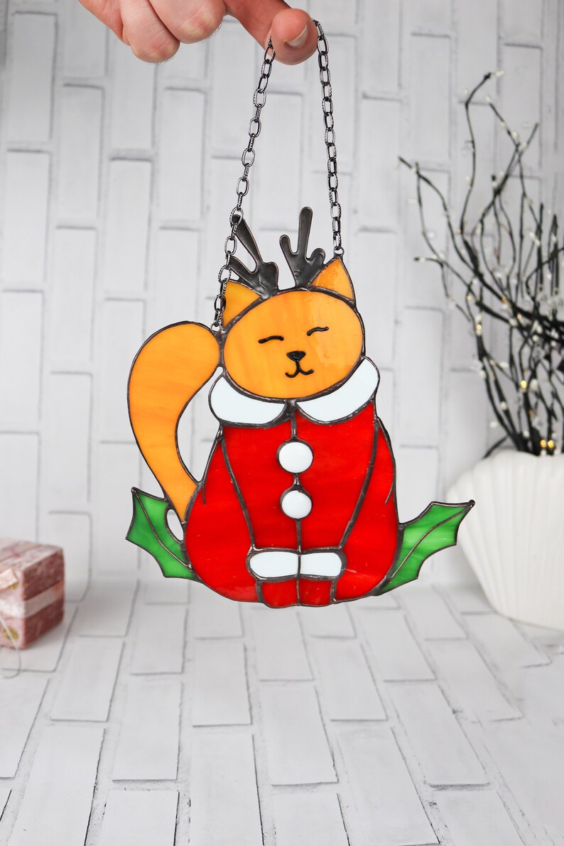 Suncatcher Сat in a Christmas reindeer costume Stained Glass Window Hangins Christmas home decor Cat Art gift Cute home decor Orange