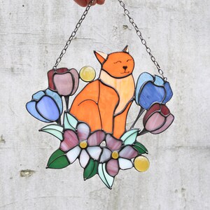 Suncatcher Orange Cat in Tulip Flowers Stained Glass Window Hangins Glass Wall Decor Cat Art gift Mother’s day gift Custom Cat image 10