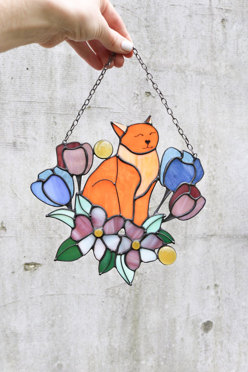 Suncatcher Orange Cat in Tulip Flowers Stained Glass Window Hangins Glass Wall Decor Cat Art gift Mother’s day gift Custom Cat image 10