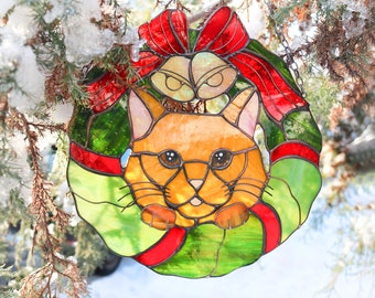 Suncatcher Сat in a Christmas wreath Stained Glass Window Hangins Christmas home decor Cat Art gift Unique wall decor Custom pet portrait
