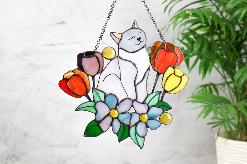 Suncatcher Orange Cat in Tulip Flowers Stained Glass Window Hangins Glass Wall Decor Cat Art gift Mother’s day gift Custom Cat Red