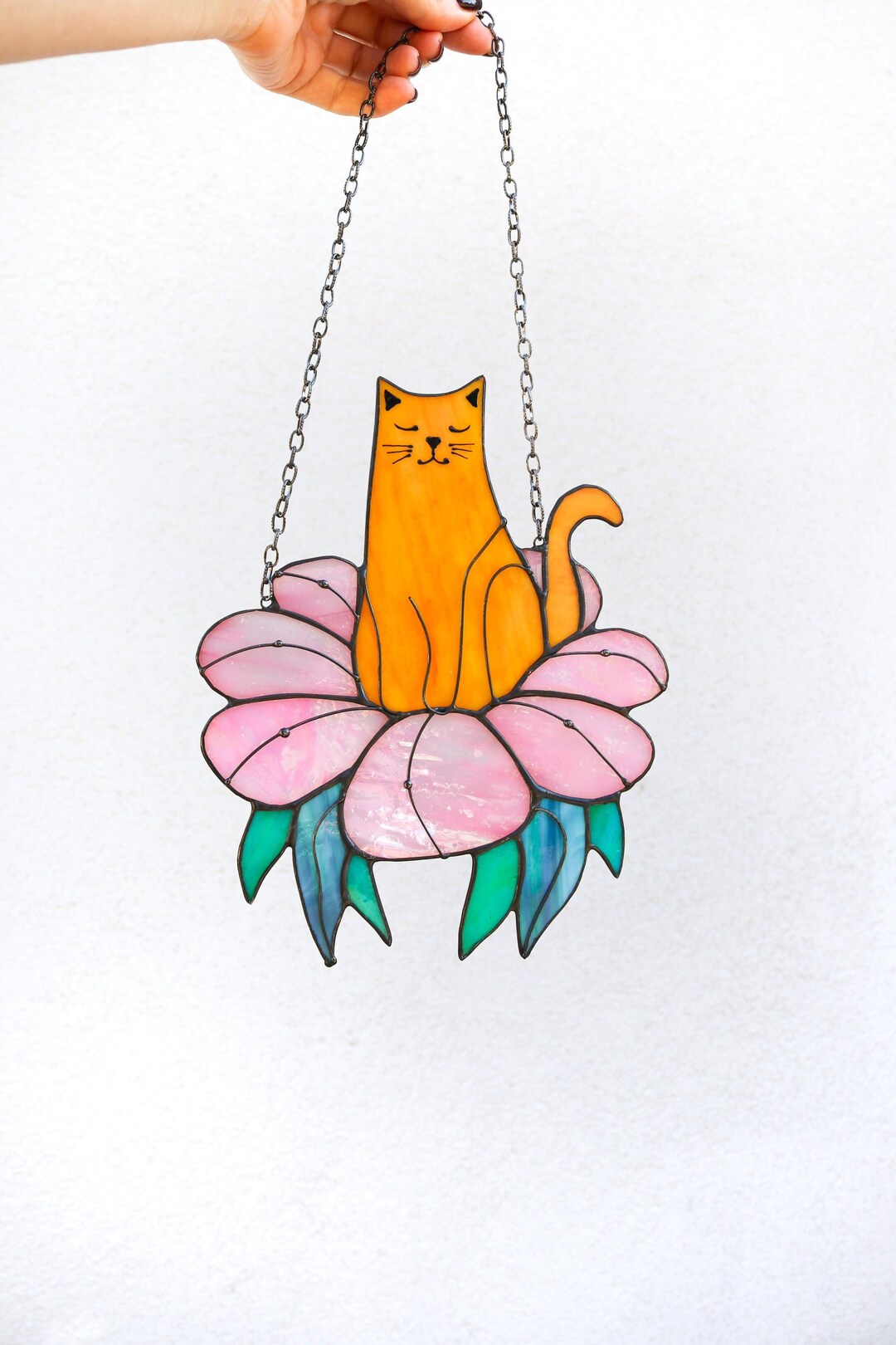 Suncatcher Cat in Flower Stained Glass Window Hangins Glass Wall Decor ...