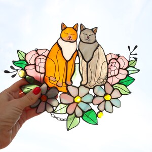 Suncatcher Two Cats in Flowers Stained Glass Window Hangins Glass Wall Decor Cat Art gift Custom Cat Gift idea for cat lover Handmade gift image 5
