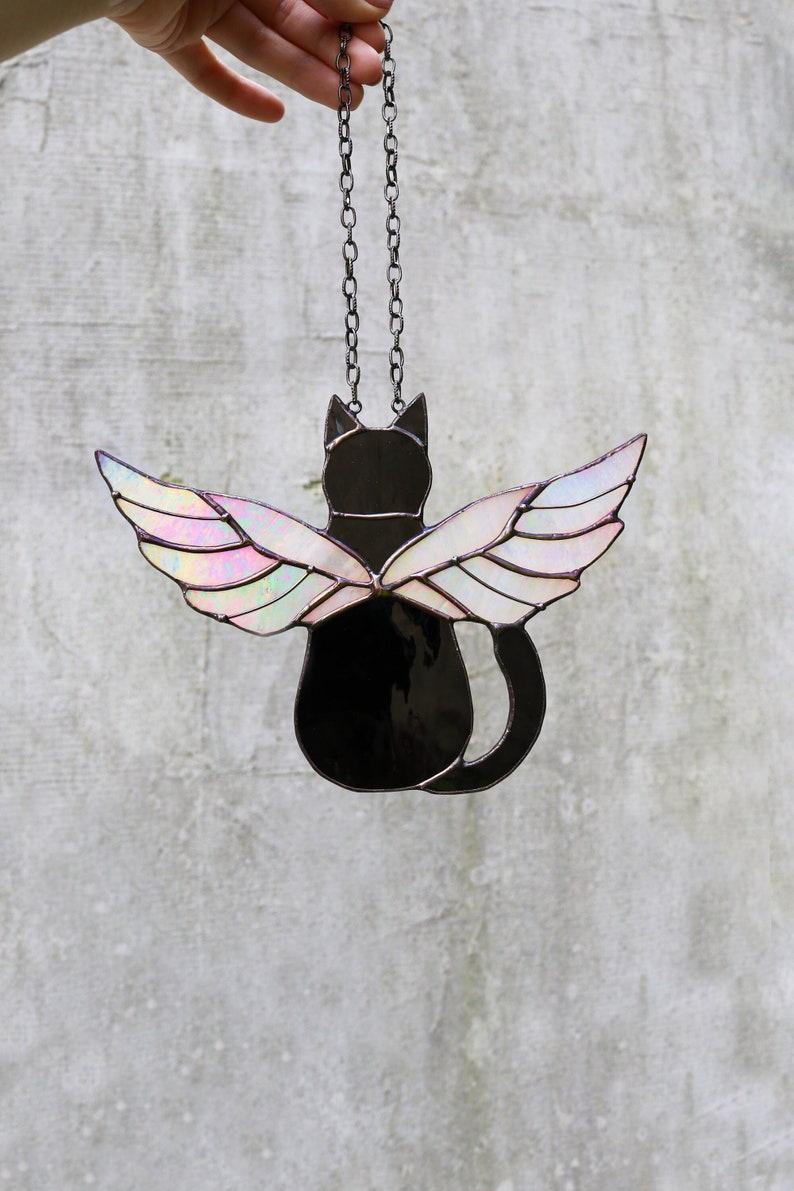 Chat attrape-soleil avec ailes d'ange Décoration murale en verre pour vitrail, décoration murale chat, idée cadeau personnalisée pour chat black cat