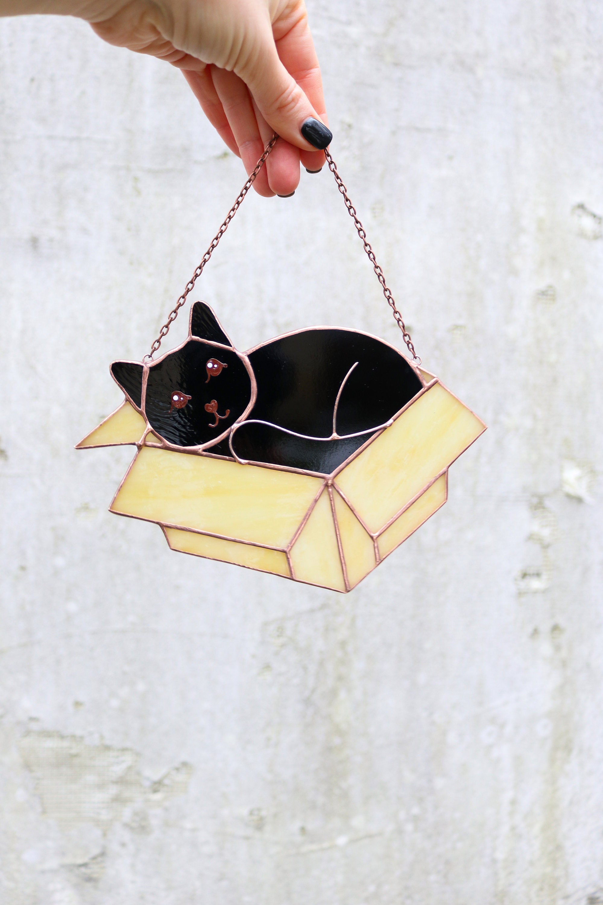 Cat in a cardboard box Suncatcher Stained Glass Window Hangins Glass Wall Decor Cat Art gift Custom Cat Gift idea for cat lover