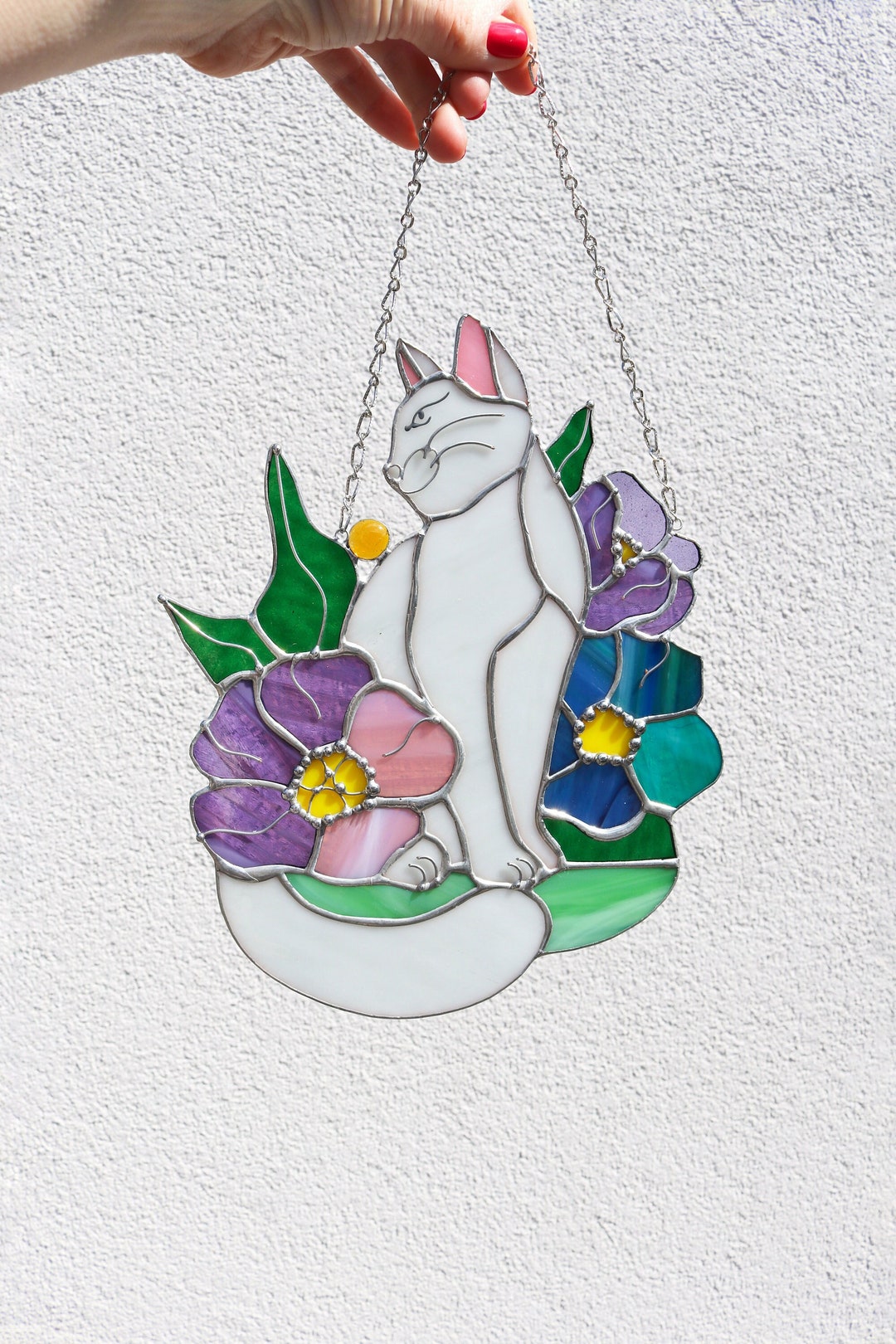 Suncatcher Cat in Flowers Stained Glass Window Hangins Glass Wall Decor ...