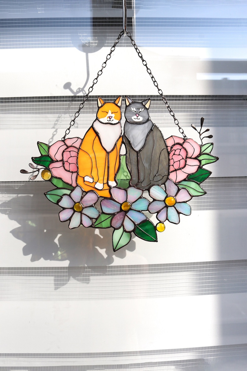 Suncatcher Two Cats in Flowers Stained Glass Window Hangins Glass Wall Decor Cat Art gift Custom Cat Gift idea for cat lover Handmade gift Orange and Gray