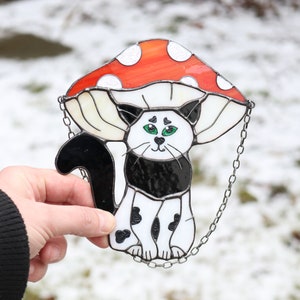 Acchiappasole Gatto Fungo Divertente Immagine in Vetro Colorato Decorazione per la Casa Idee Regalo Decorazioni da Appendere alla Finestra Arte da Parete