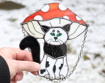 Suncatcher Cat Mushroom Funny Stained Glass Picture Home Cute decor Gift ideas Window Hanging Decor Wall art