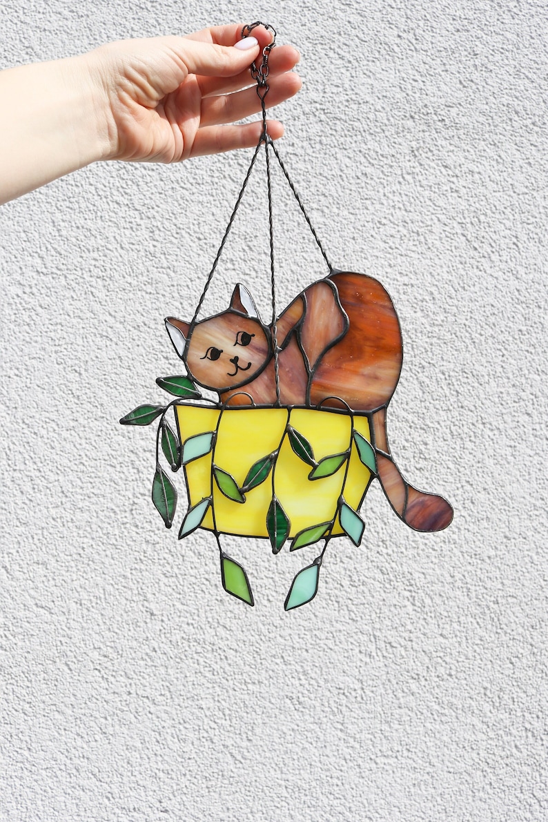 Cat in a flowerpot Suncatcher Stained Glass Window Hangins Glass Wall Decor Cat Art gift Custom Cat Gift idea for cat lover Brown cat