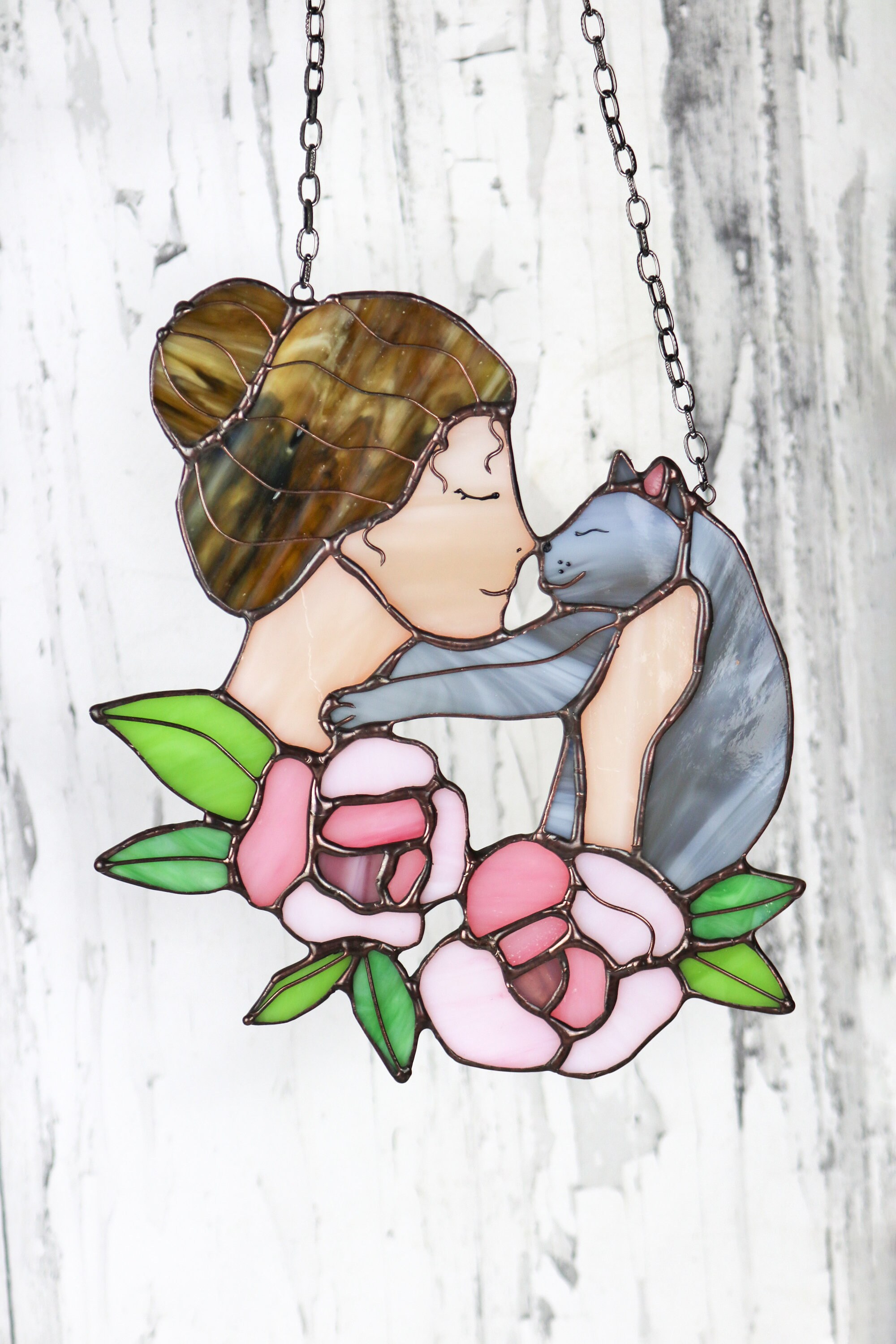 Suncatcher Women Loves Her Pet Stained Glass Window Hanging Decor Cat ...