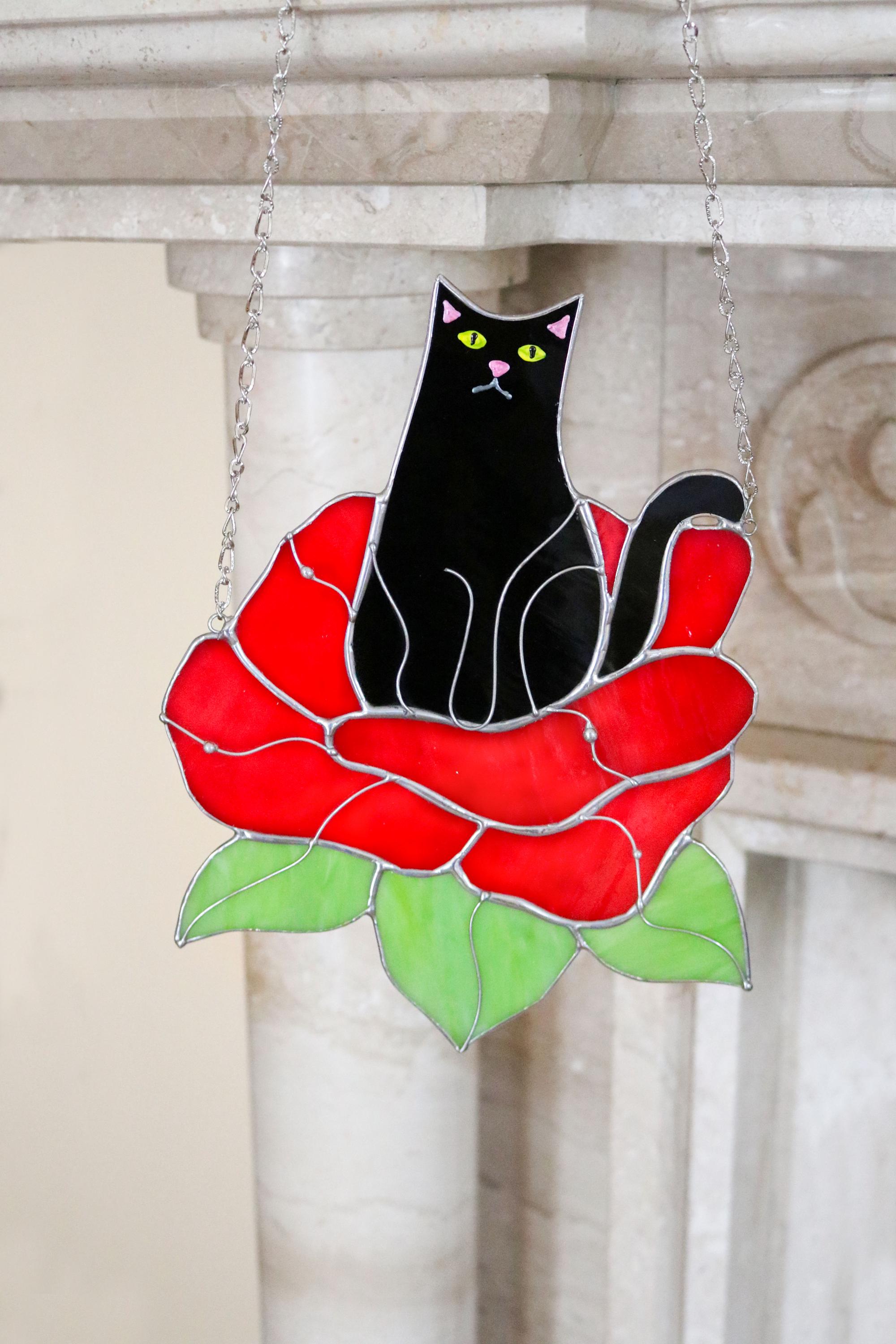 Suncatcher Cat in Flower Stained Glass Window Hangins Glass Wall Decor ...