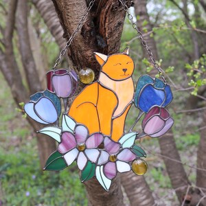 Suncatcher Orange Cat in Tulip Flowers Stained Glass Window Hangins Glass Wall Decor Cat Art gift Mother’s day gift Custom Cat image 6