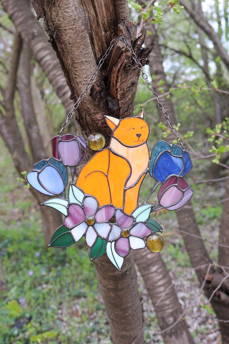 Suncatcher Orange Cat in Tulip Flowers Stained Glass Window Hangins Glass Wall Decor Cat Art gift Mother’s day gift Custom Cat image 6