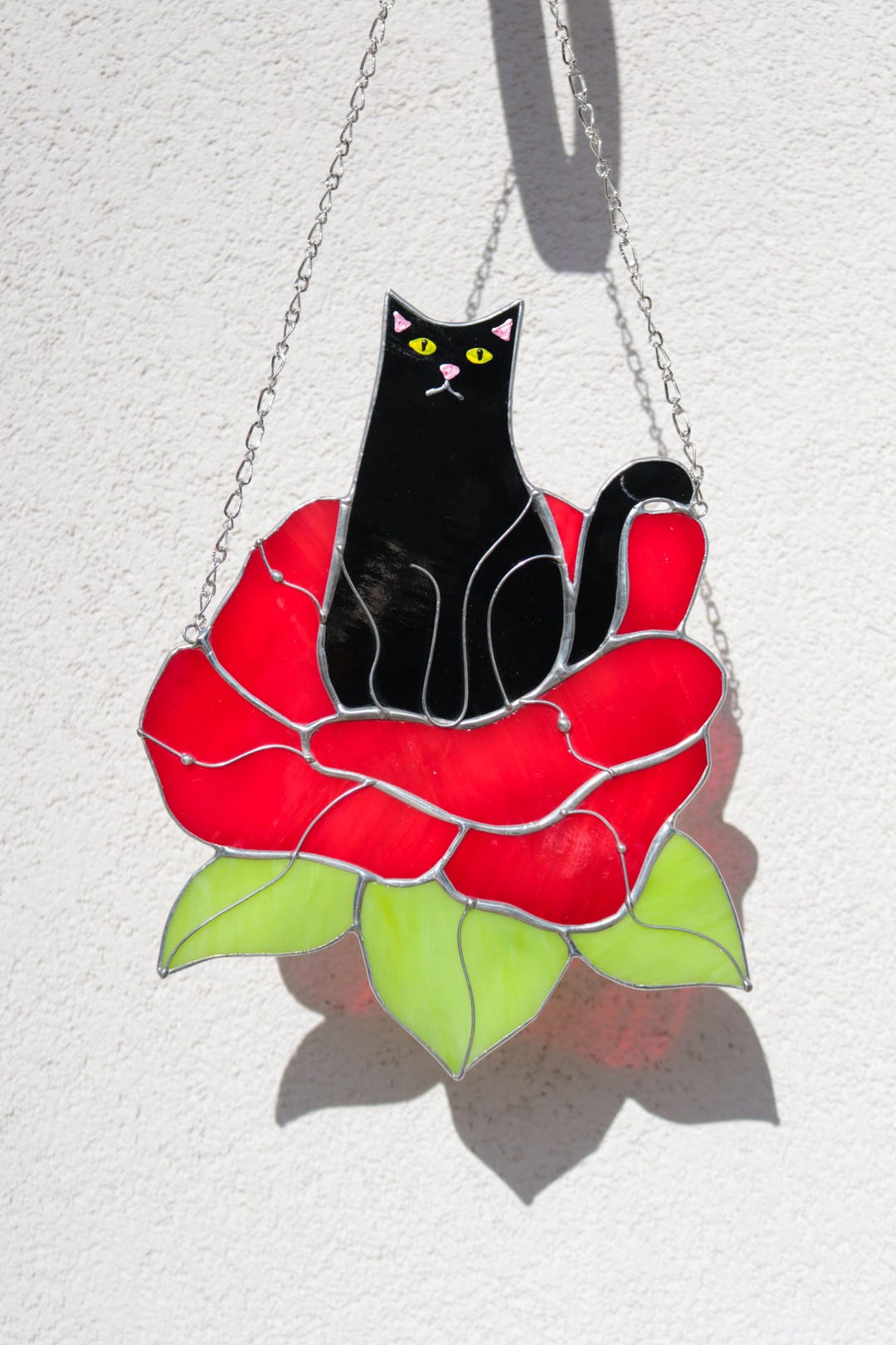 Suncatcher Cat in Flower Stained Glass Window Hangins Glass Wall Decor ...