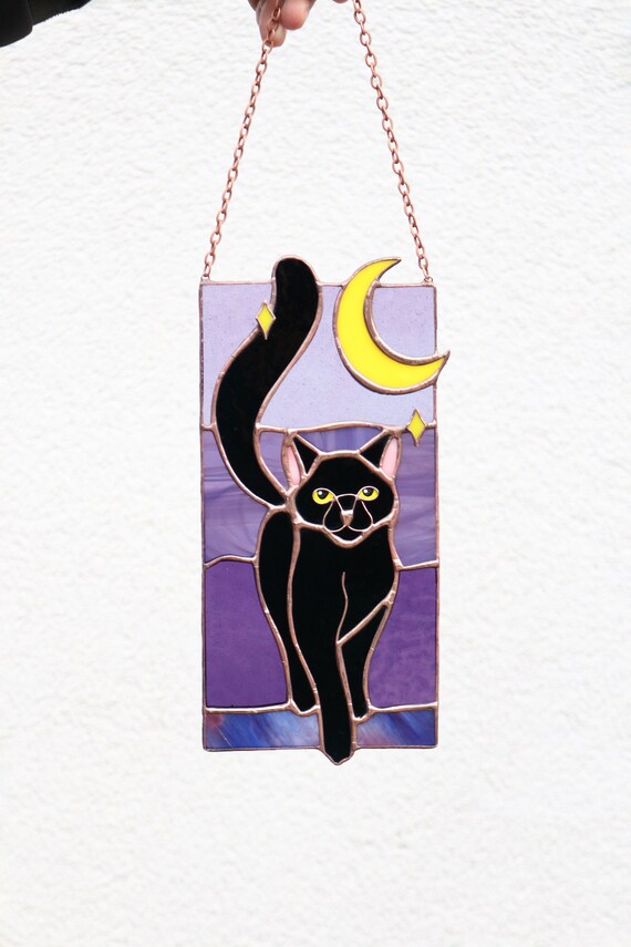 Suncatcher Black Cat under the Moon Gothic Stained glass Hanging decor Cat Art Gifts Window panel Glass wall art Halloween gift Custom Art