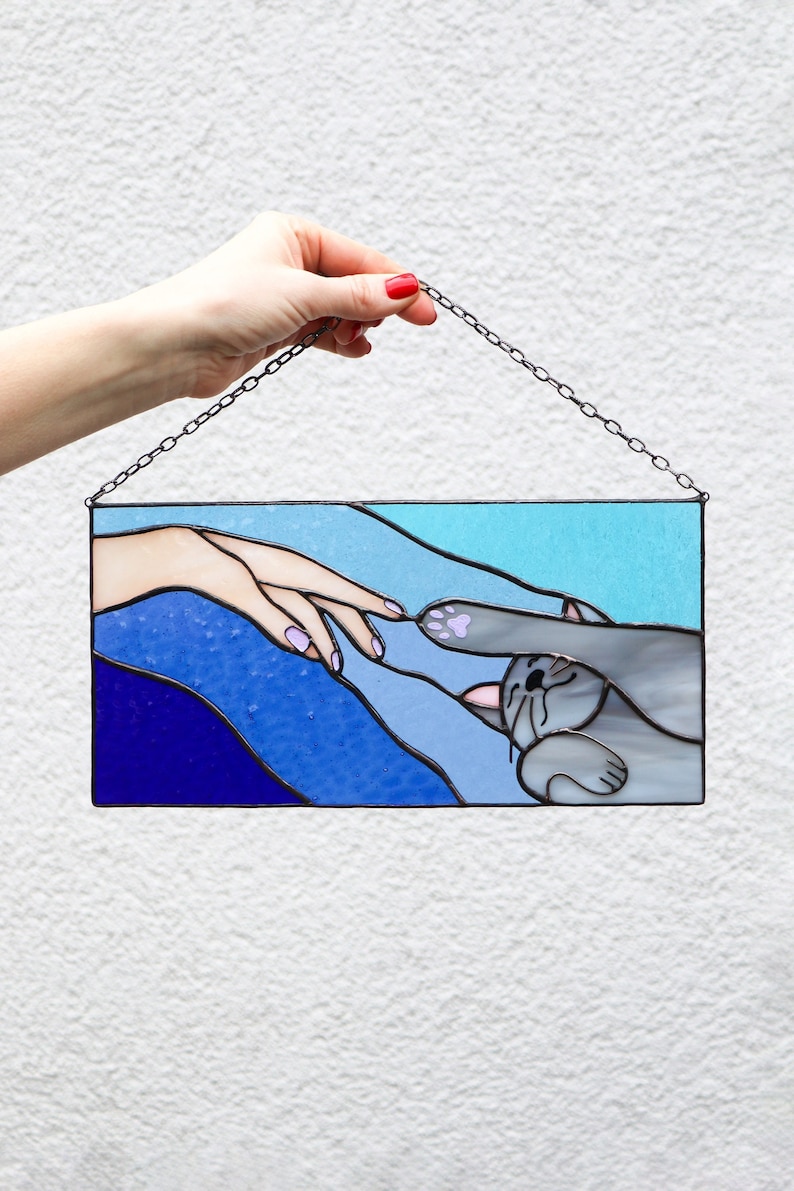 Suncatcher Cat reaching for a human hand with its paw Stained glass window panel Hanging home decor Glass wall art Gift for cat lovers image 7
