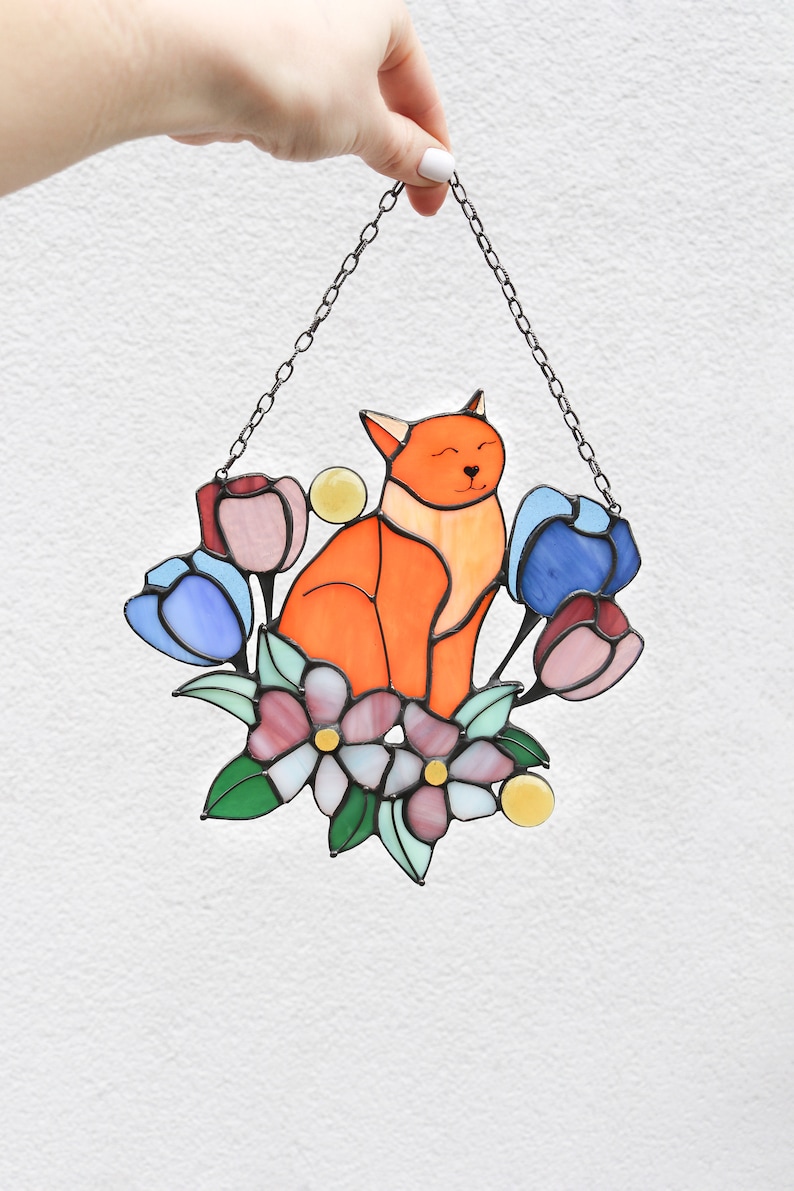 Suncatcher Cat in Tulip Flowers Stained Glass Window Hanging Decor Cat Art gift Window Panel Glass Wall Window Hangings Mothers Gift Orange cat