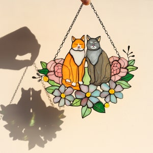 Suncatcher Two Cats in Flowers Stained Glass Window Hangins Glass Wall Decor Cat Art gift Custom Cat Gift idea for cat lover Handmade gift image 7