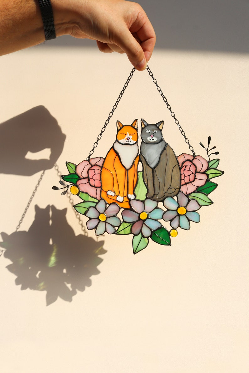 Suncatcher Two Cats in Flowers Stained Glass Window Hangins Glass Wall Decor Cat Art gift Custom Cat Gift idea for cat lover Handmade gift image 7