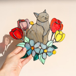 Suncatcher Cat in Tulip Flowers Stained Glass Window Hanging Decor Cat Art gift Window Panel Glass Wall Window Hangings Mothers Gift image 5