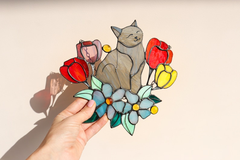 Suncatcher Cat in Tulip Flowers Stained Glass Window Hanging Decor Cat Art gift Window Panel Glass Wall Window Hangings Mothers Gift image 5