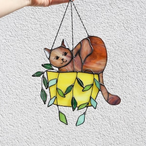 Cat in a flowerpot Suncatcher Stained Glass Window Hangins Glass Wall Decor Cat Art gift Custom Cat Gift idea for cat lover Brown cat