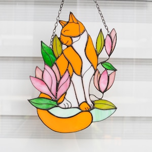 Suncatcher Cat in magnolia flowers Stained Glass Window Hangins Glass Wall Decor Cat Art gift Mother’s day gift Custom Cat