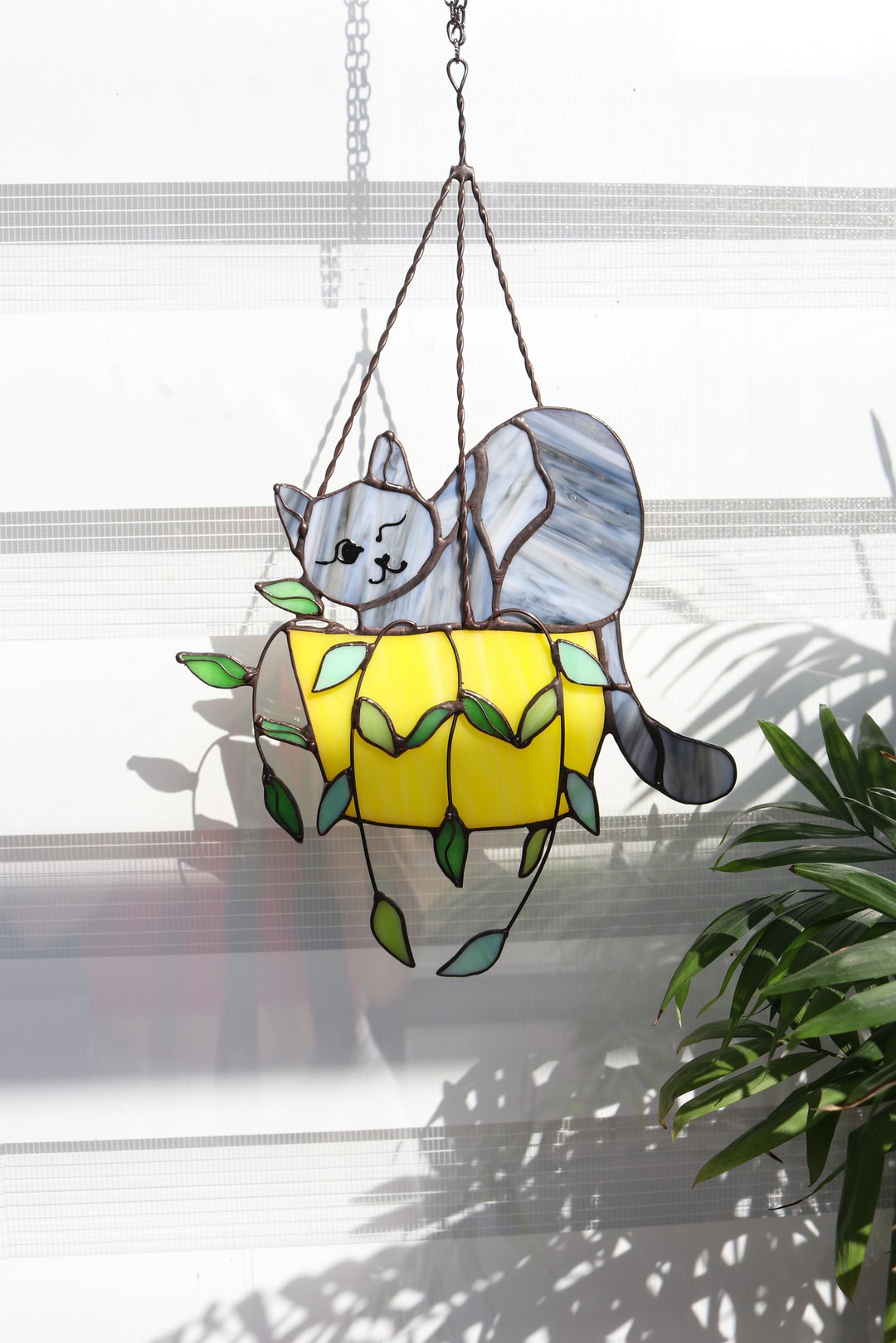 Cat in a Flowerpot Suncatcher Stained Glass Window Hangins Glass Wall ...
