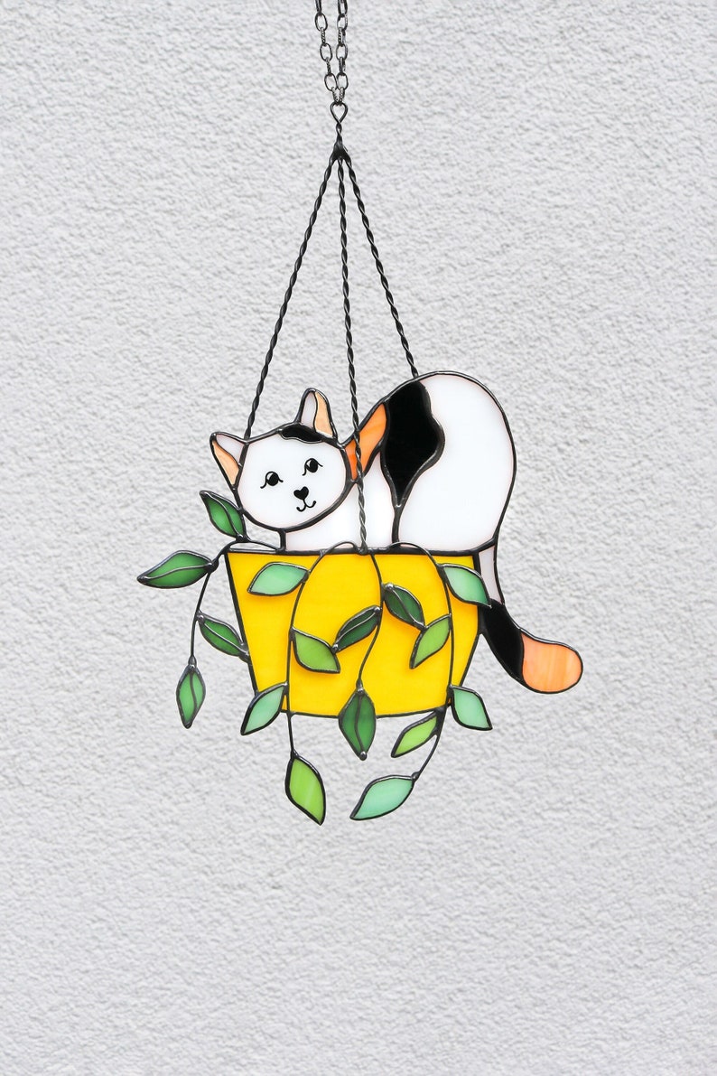 Cat in a flowerpot Suncatcher Stained Glass Window Hangins Glass Wall Decor Cat Art gift Custom Cat Gift idea for cat lover White cat