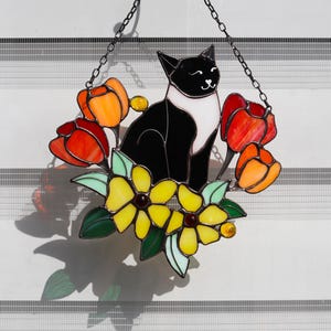 Suncatcher Orange Cat in Tulip Flowers Stained Glass Window Hangins Glass Wall Decor Cat Art gift Mother’s day gift Custom Cat black and white