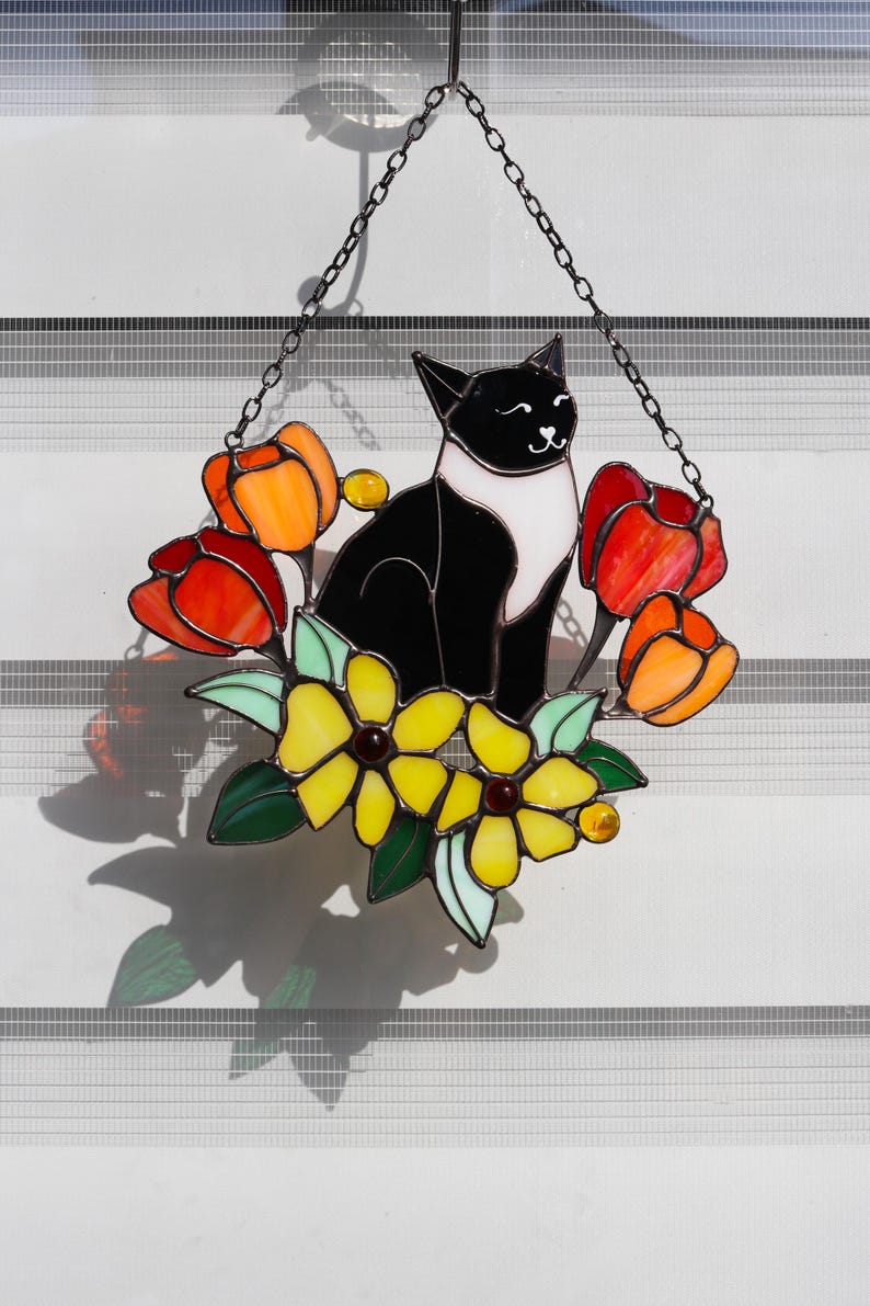 Suncatcher Orange Cat in Tulip Flowers Stained Glass Window Hangins Glass Wall Decor Cat Art gift Mother’s day gift Custom Cat black and white