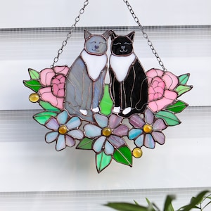 Suncatcher Two Cats in Flowers Stained Glass Window Hangins Glass Wall Decor Cat Art gift Custom Cat Gift idea for cat lover Handmade gift Black and Gray