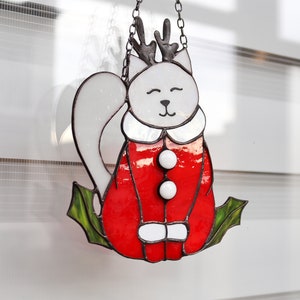 Suncatcher Сat in a Christmas reindeer costume Stained Glass Window Hangins Christmas home decor Cat Art gift Cute home decor image 10